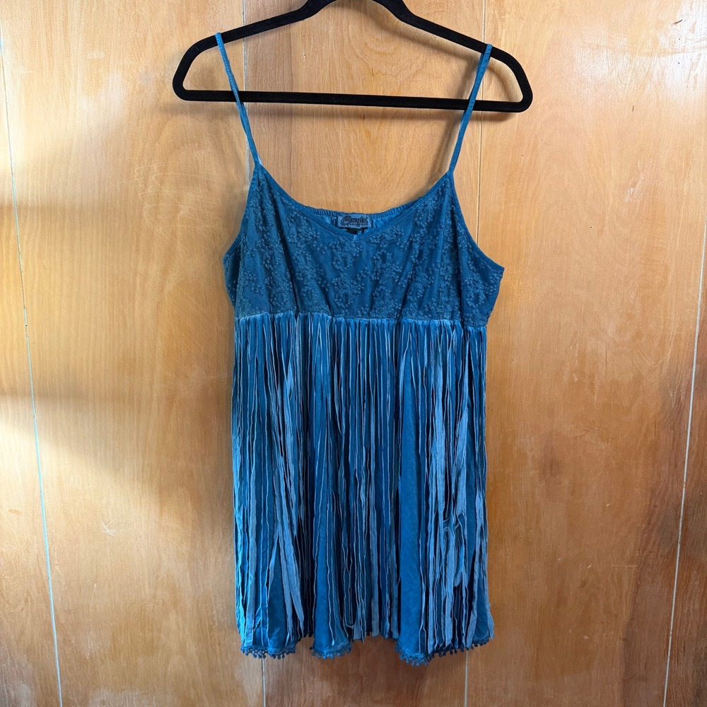 Boho Cowgirl Up Blue‎ Crochet Lace Tassel Fringe Babydoll Camisole XXL